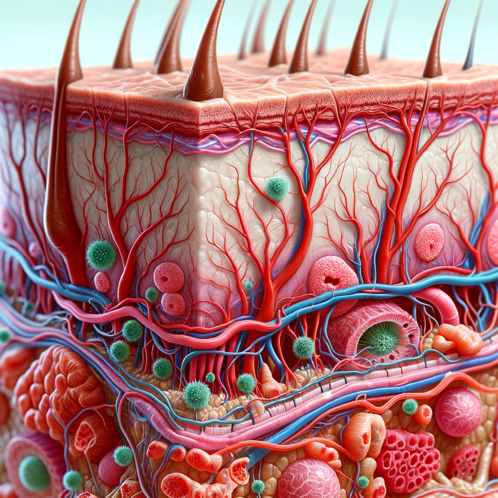  illustrating the skin's epidermal layer, highlighting its structure and function, has been created. This detailed image shows the cells of the epidermis and their role as a barrier against bacteria and viruses, combining realistic and illustrative elements suitable for a medical website