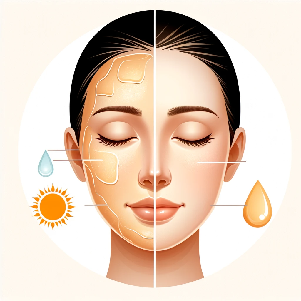 A simple, clear illustrative image depicting combination skin, with emphasis on the T-zone and contrasting dry areas. The image should show a straight