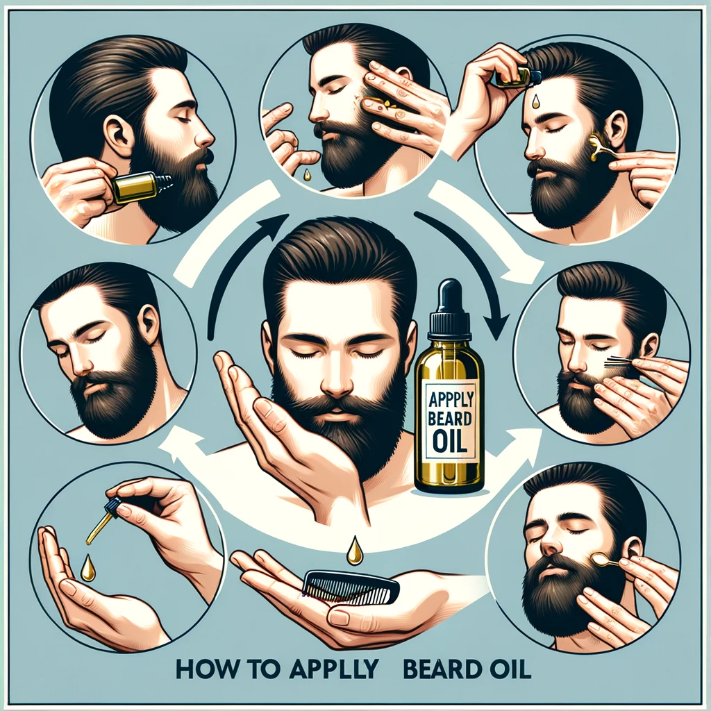 Image of Visual guide on how to apply beard oil effectively, illustrating a step-by-step process. The guide should show a person applying beard oil, starting from dispensing a few drops in their palm, gently massaging it into the beard and skin underneath, and finally combing through for even distribution. The visual should be clear, instructional, and engaging, suitable for an audience looking to learn about proper beard care techniques.