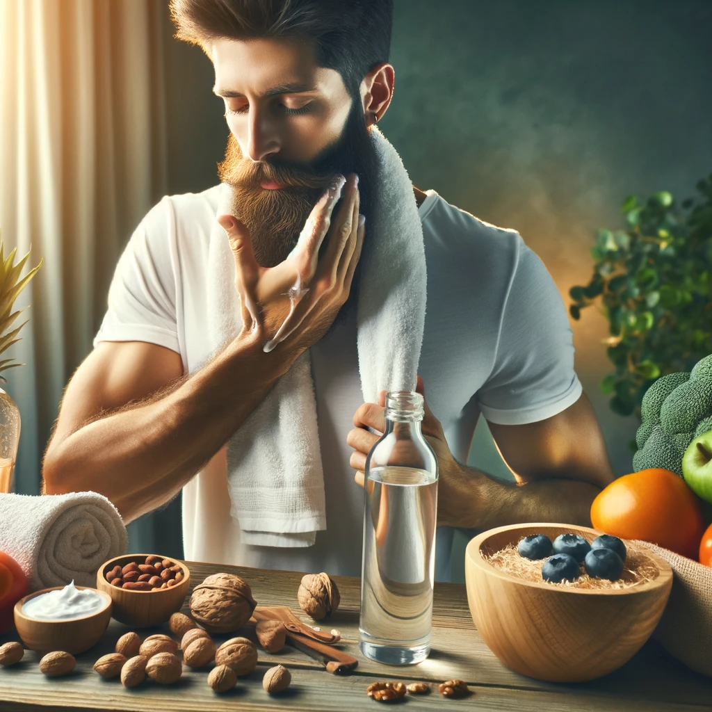 Image of A man practicing a holistic beard care routine, depicted in a serene and calming home setting. The image shows him gently cleansing his beard with a natural beard wash, surrounded by healthy foods like fruits, vegetables, and nuts, and a glass of water, emphasizing the importance of a balanced diet and hydration for beard health. The atmosphere should convey a sense of wellness and self-care, highlighting the connection between lifestyle choices and beard health.