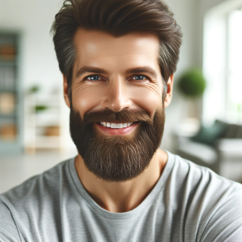 Image of A satisfied man with a healthy, well-groomed beard, radiating confidence and contentment. The image should portray a man in a casual, relaxed setting, perhaps in his home or an outdoor area, smiling and looking confident with a well-maintained, lush beard. The focus is on his facial expression and the visible health of his beard, symbolizing the successful management of seborrheic dermatitis and the positive impact of a proper beard care routine.