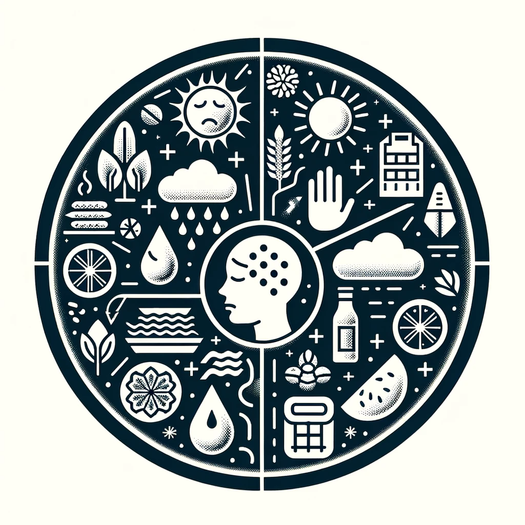 Image of Visual representation of common triggers for Seborrheic Dermatitis, including stress, weather changes, and certain foods. The image should depict symbols or icons representing these triggers, such as a stressed face, a sun for weather changes, and various foods. The design should be clear and informative, helping readers easily identify and understand the potential triggers of Seborrheic Dermatitis.