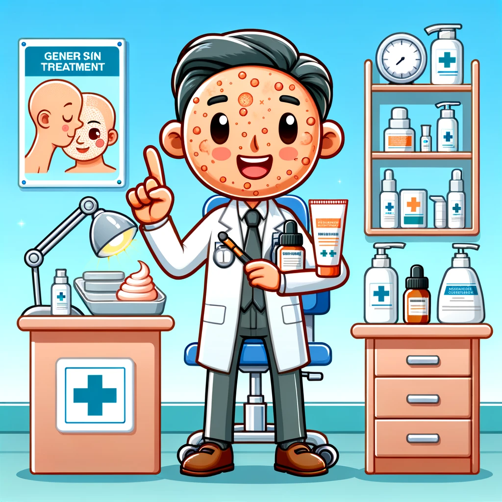 A Friendly Mascot Style illustration depicting general skin treatment, suitable for a professional setting. The image should show the mascot in