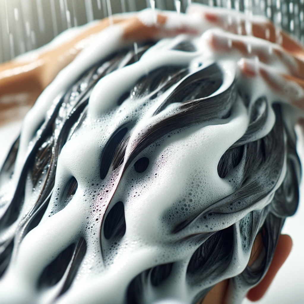 A close-up image of soapy hair being washed, with rich, white lather covering the hair strands. hair and lather, showcasing the cl