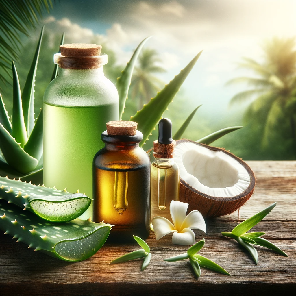 A harmonious and natural image showcasing aloe vera, tea tree oil, and coconut oil as remedies for scalp care. three el