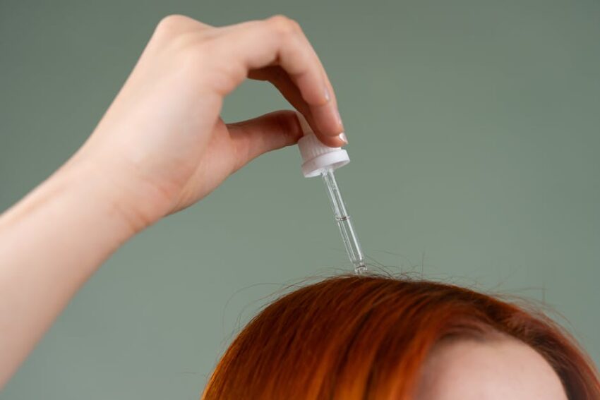 Swimming with Seborrheic Dermatitis? Learn How Chlorine Can Affect Your Skin and Hair - Close-up of hand applying hair serum on red hair with a dropper.