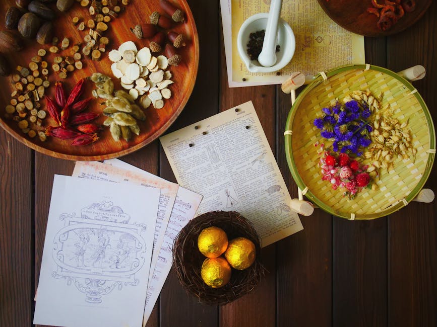 Unveiling Effective Cultural Remedies for Seborrheic Dermatitis - Overhead view of traditional herbs and ingredients for medicine making, featuring a ceramic mortar and vibrant dried flowers.
