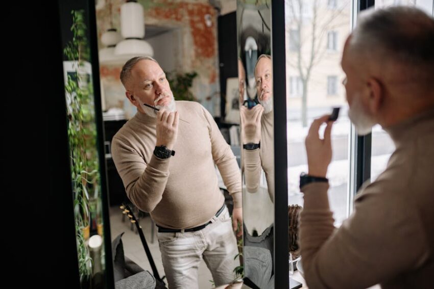 mct-oil-seborrheic-dermatitis-guide-2026 - Middle-aged man applying beard care, examining reflection indoors, embracing modern grooming.