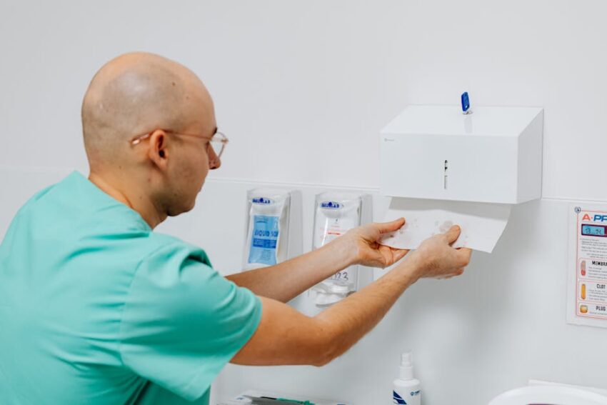 pde4-inhibitors-seborrheic-dermatitis-roflumilast-zoryve-2026 - Doctor using a hand towel dispenser in a clinical setting, emphasizing hygiene.